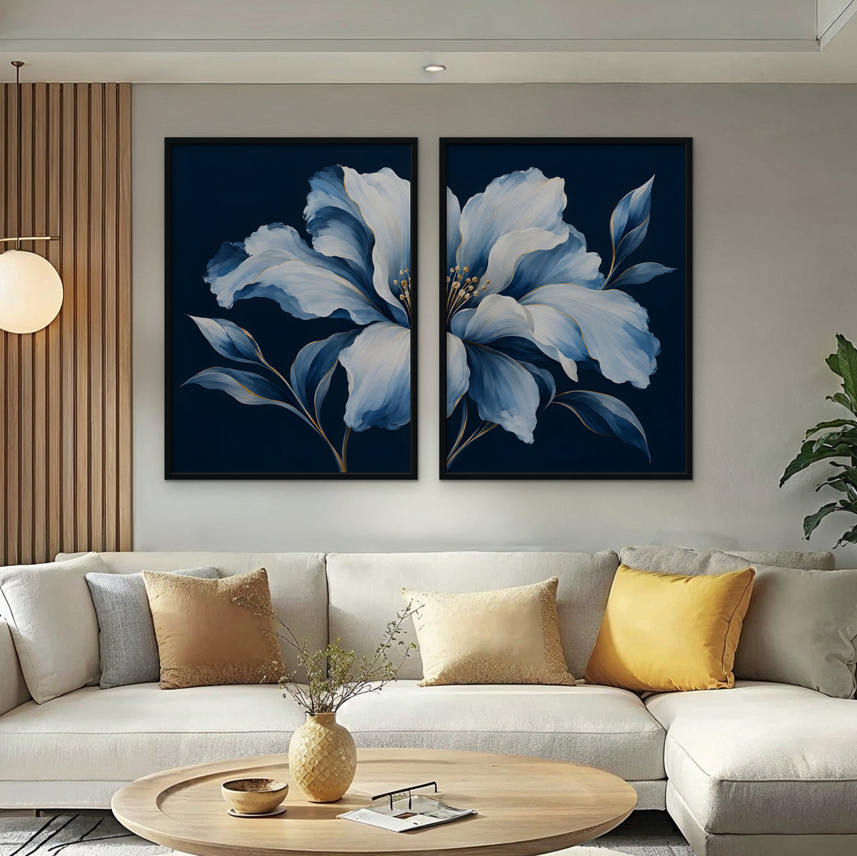 Powder Blue Bloom Canvas Art - Set of 2 – Black Floating Frame in room setting
