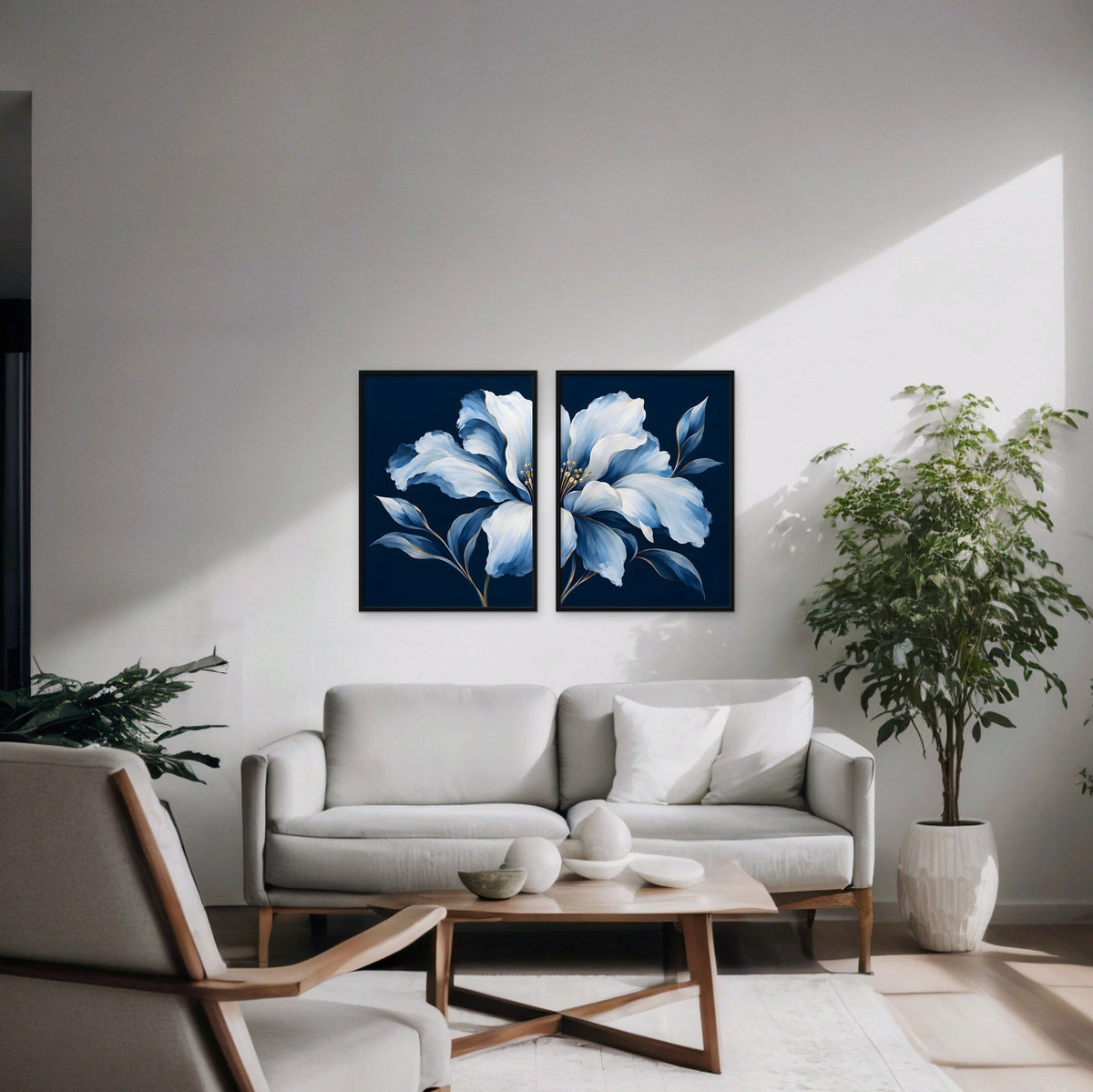 Powder Blue Bloom Canvas Art - Set of 2 – Black Floating Frame in room setting