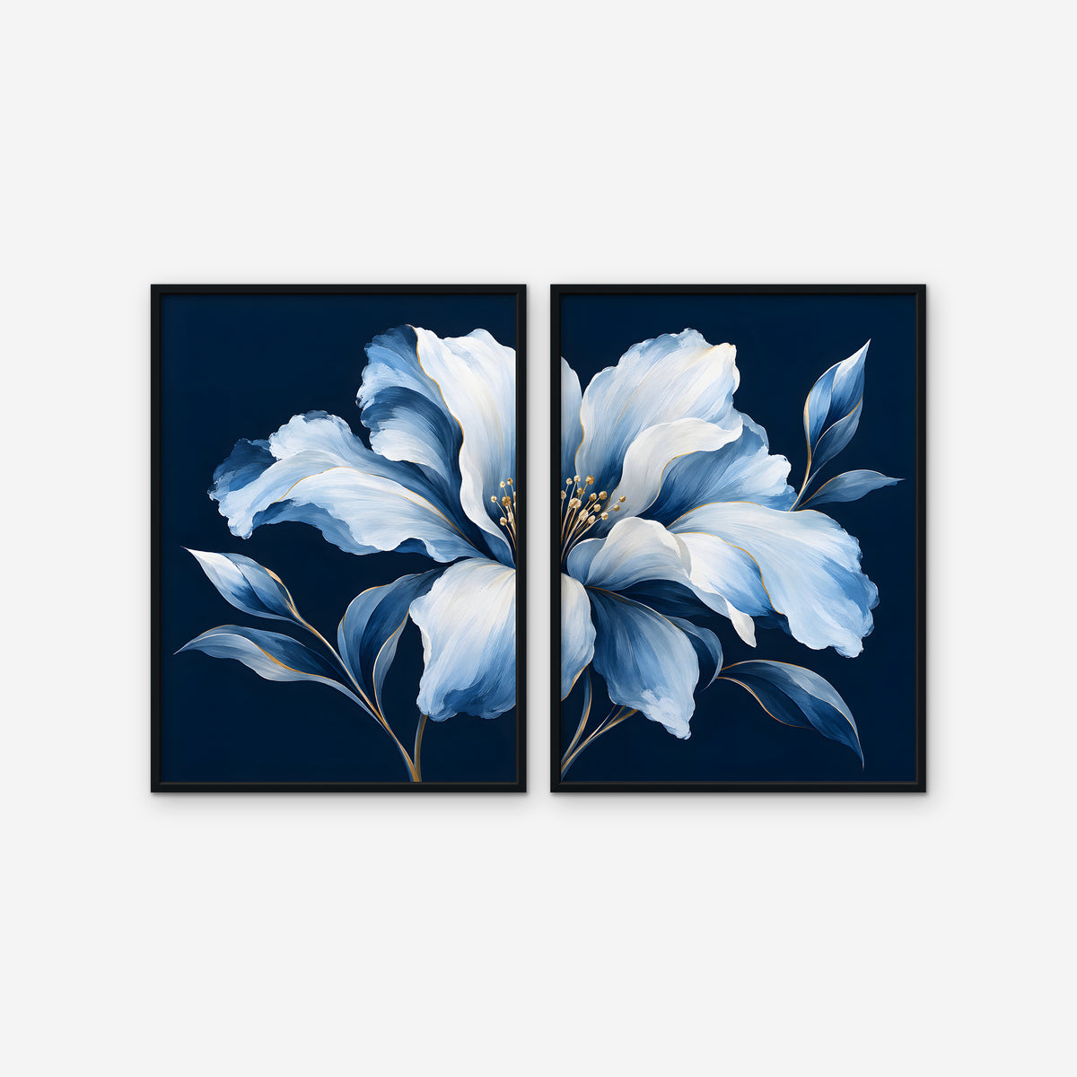 Powder Blue Bloom Canvas Art - Set of 2 – Black Floating Frame on white background