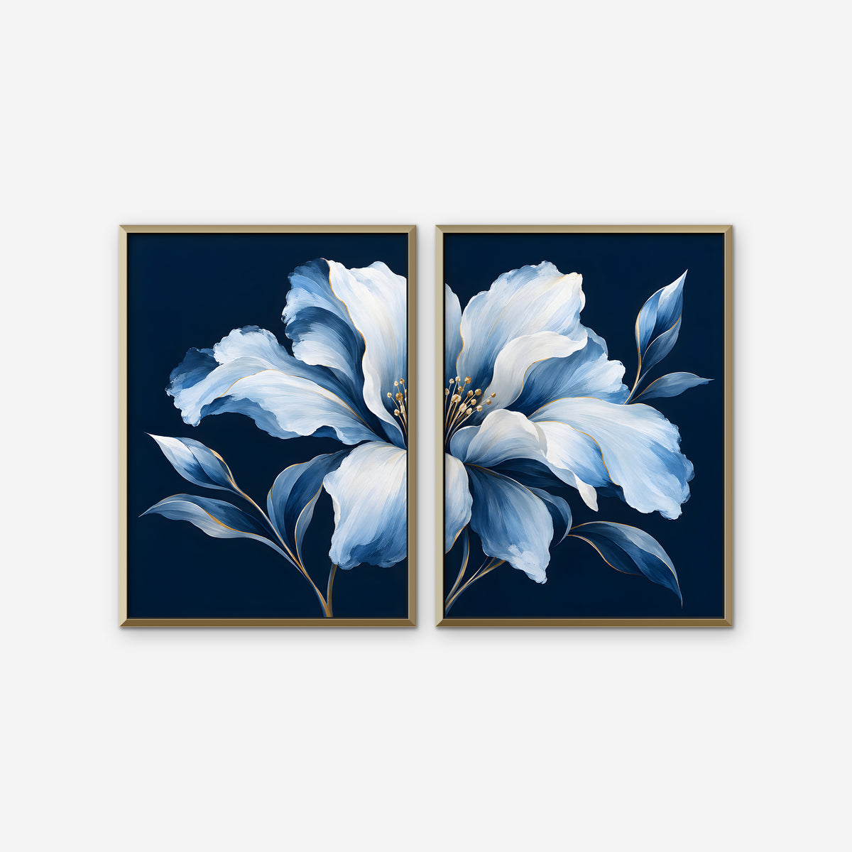 Powder Blue Bloom Canvas Art - Set of 2 – Gold Floating Frame on white background