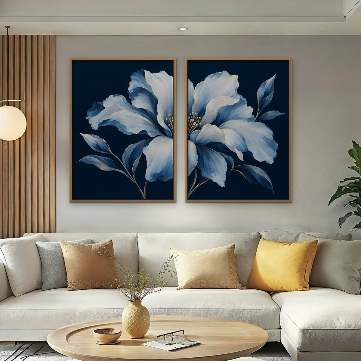 Powder Blue Bloom Canvas Art - Set of 2 – Oak Floating Frame in room setting