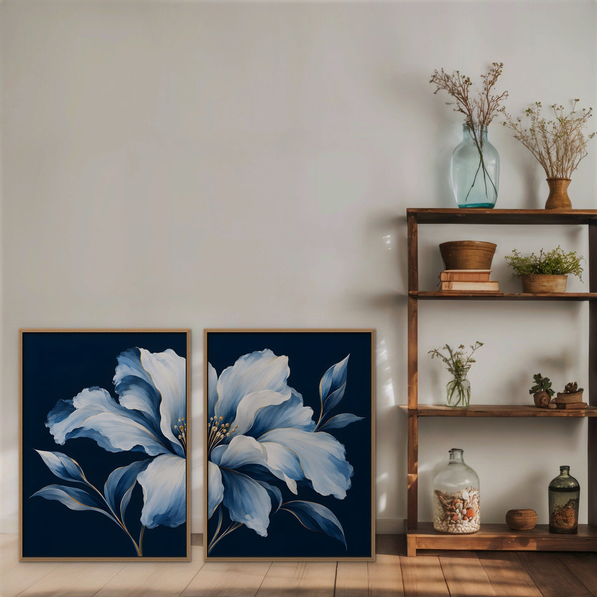 Powder Blue Bloom Canvas Art - Set of 2 – Oak Floating Frame in room setting