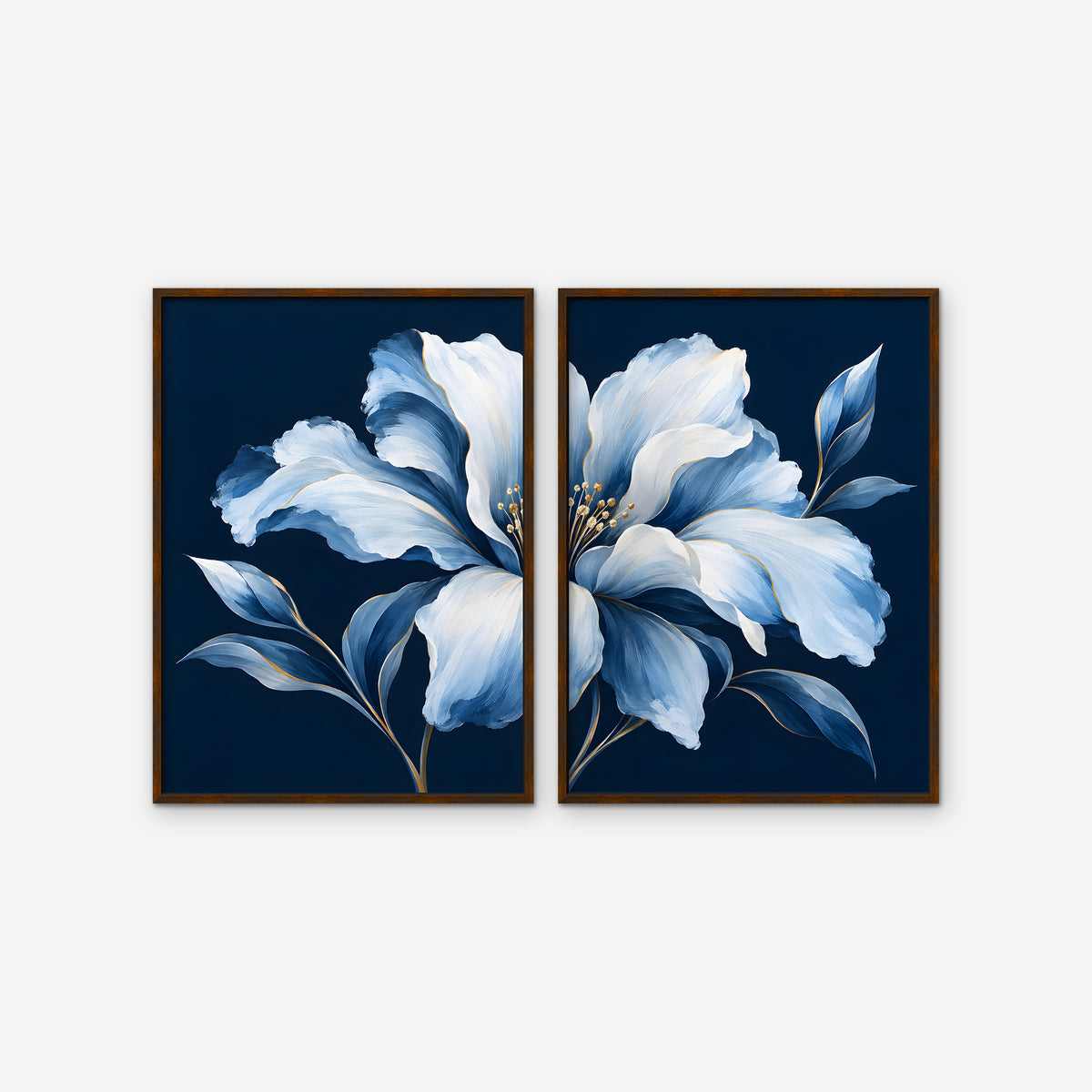 Powder Blue Bloom Canvas Art - Set of 2 – Walnut Floating Frame on white background