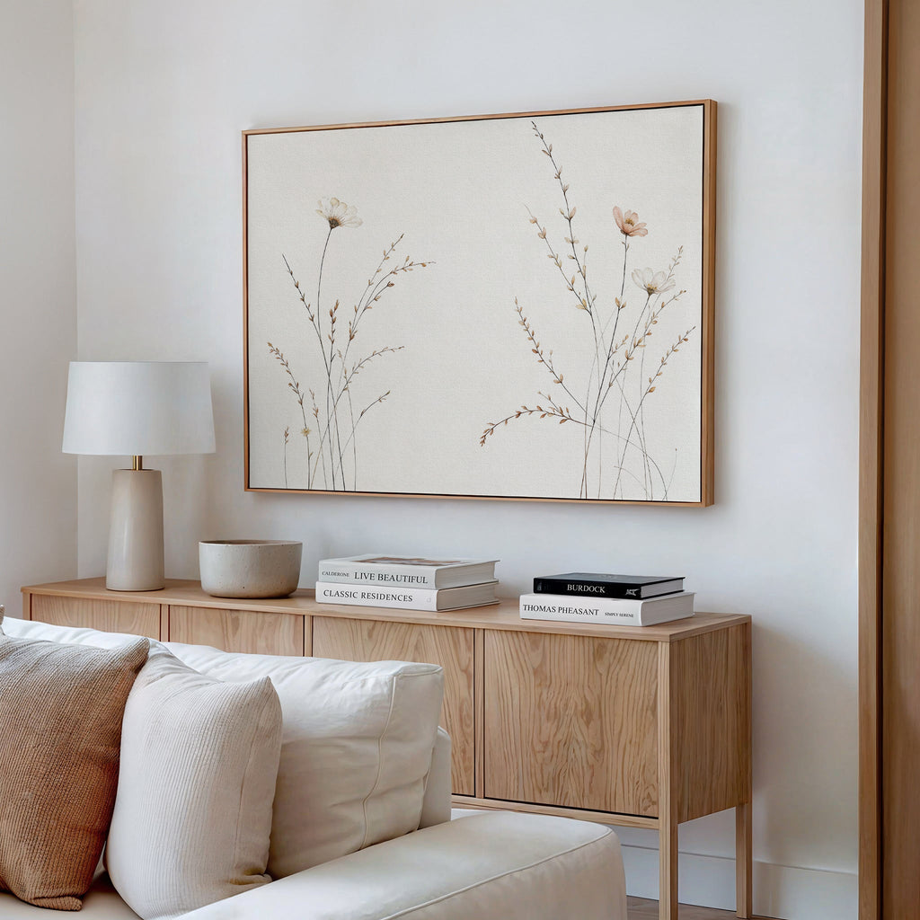 Whispers of the Meadow Canvas Print – beige and white botanical canvas wall art print by Aspire Prints