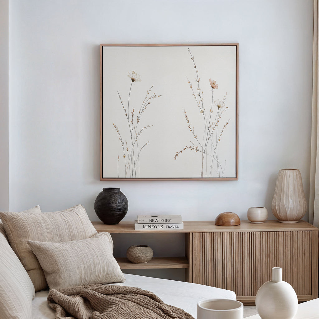 Whispers of the Meadow Canvas Print – beige and white botanical canvas wall art print by Aspire Prints