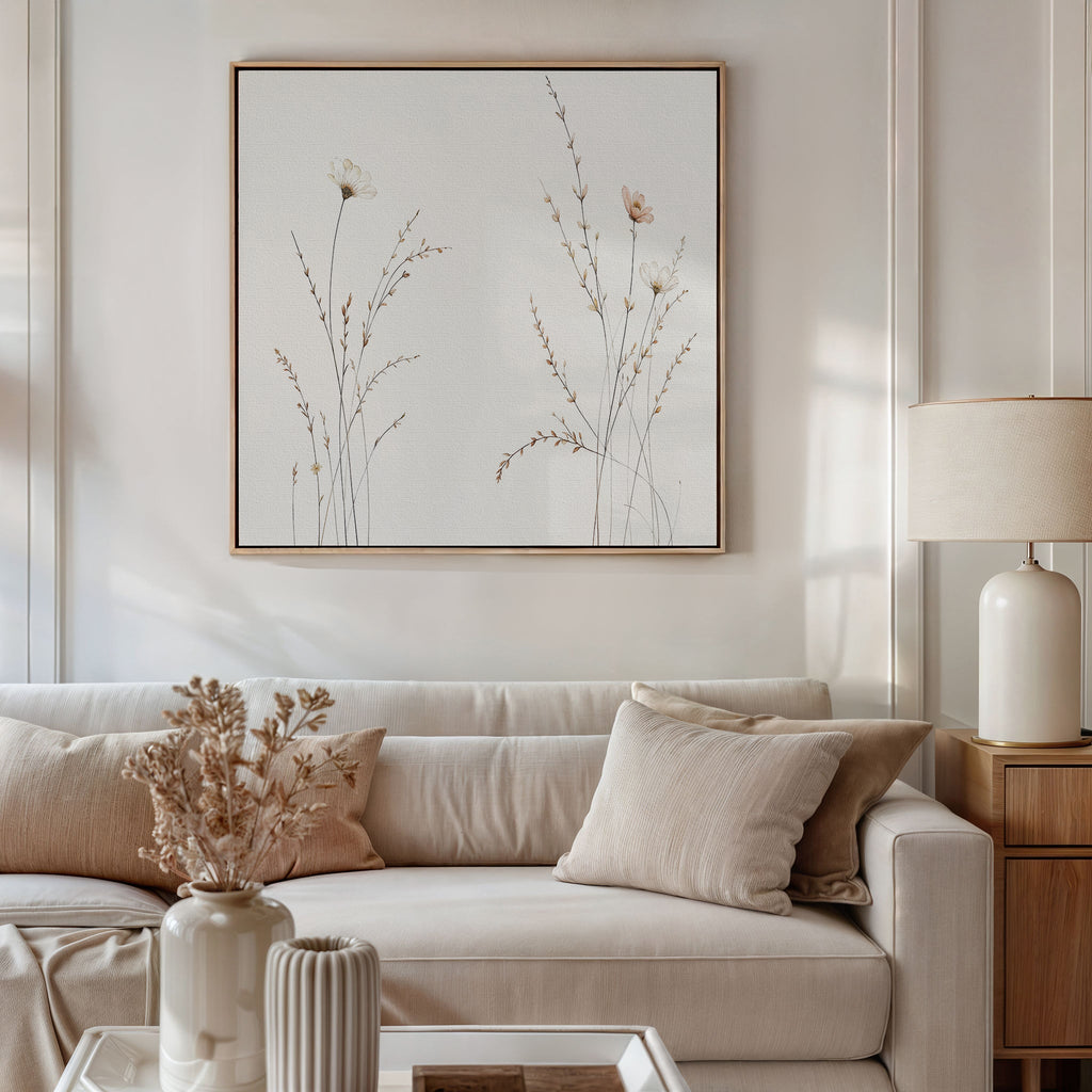 Whispers of the Meadow Canvas Print – beige and white botanical canvas wall art print by Aspire Prints