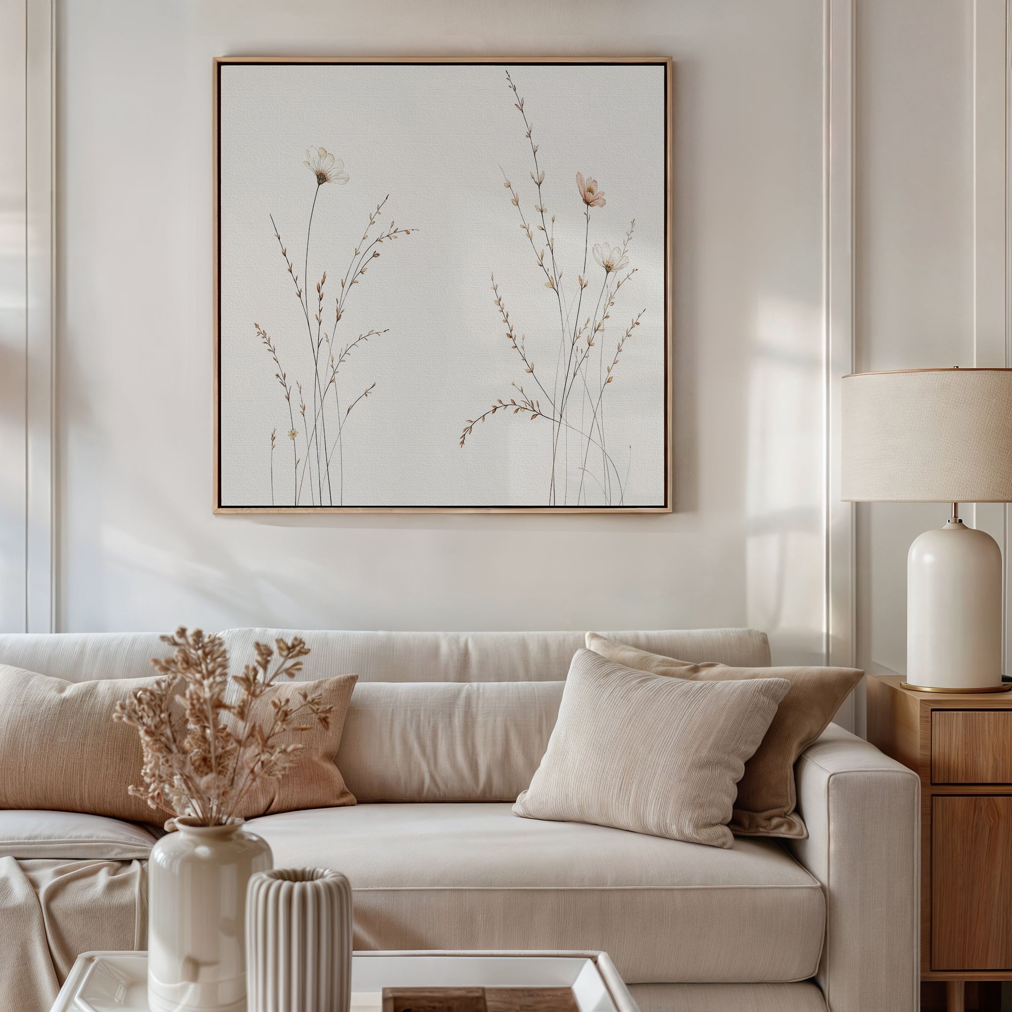 Whispers of the Meadow Canvas Print – beige and white botanical canvas wall art print by Aspire Prints
