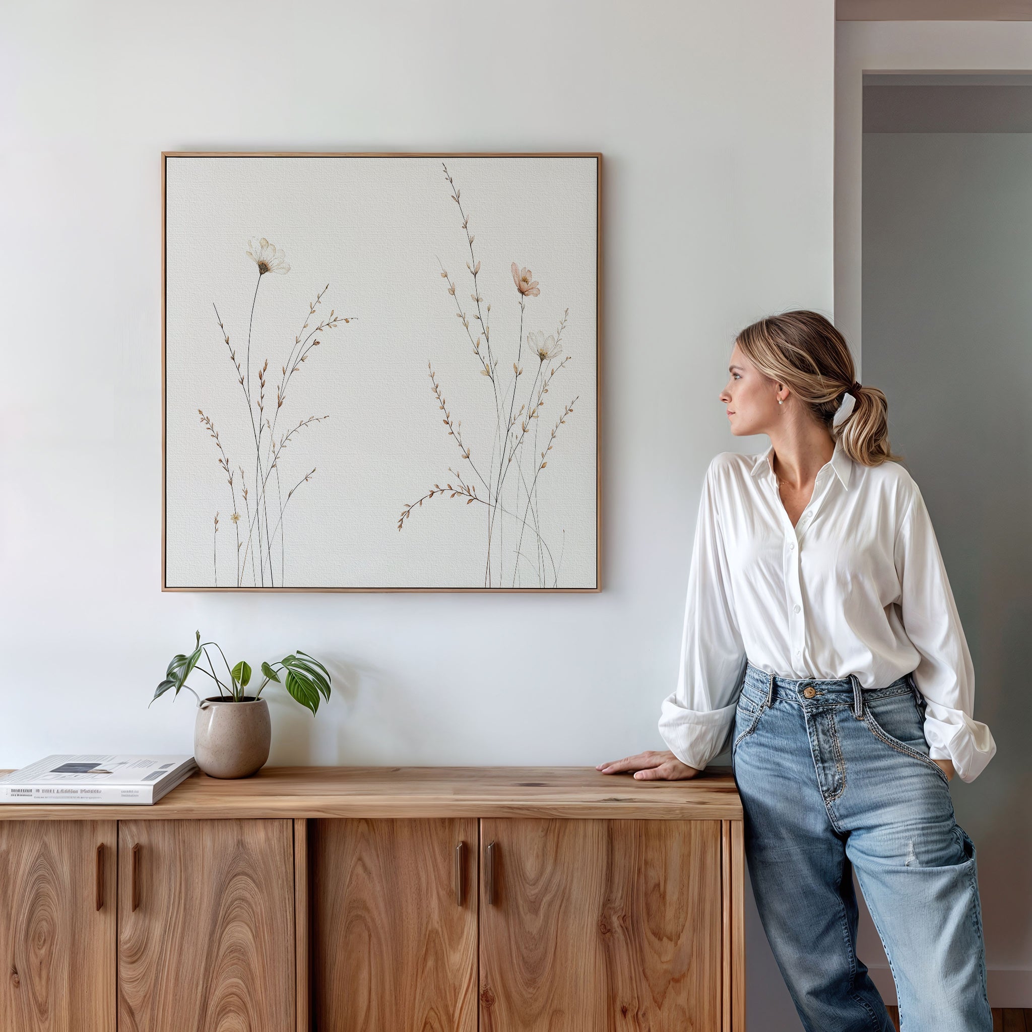 Whispers of the Meadow Canvas Print – beige and white botanical canvas wall art print by Aspire Prints