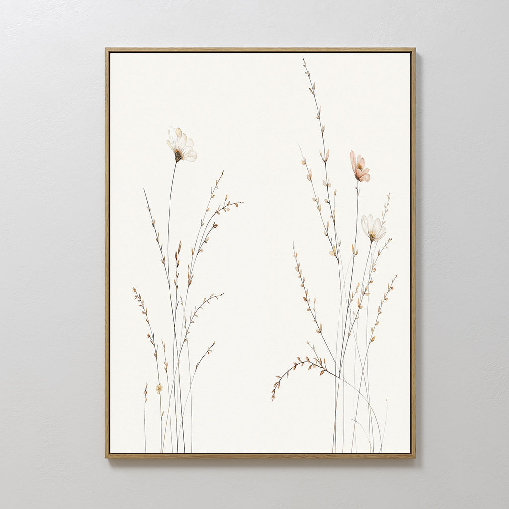 Whispering Meadow Hush – beige and white botanical canvas wall art print by Aspire Prints