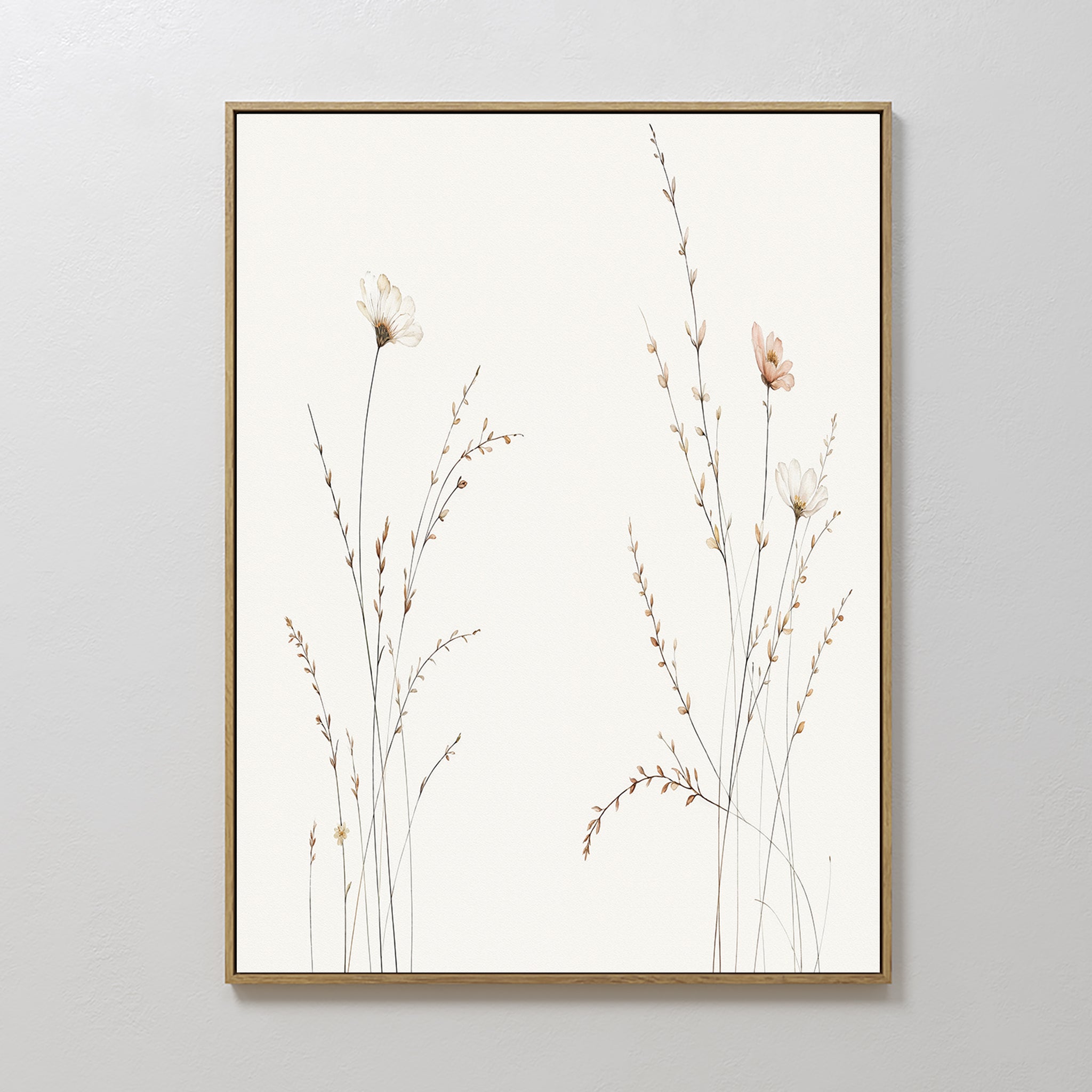 Whispering Meadow Hush – beige and white botanical canvas wall art print by Aspire Prints