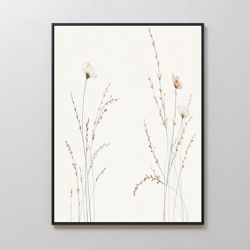 Whispering Meadow Hush – beige and white botanical canvas wall art print by Aspire Prints