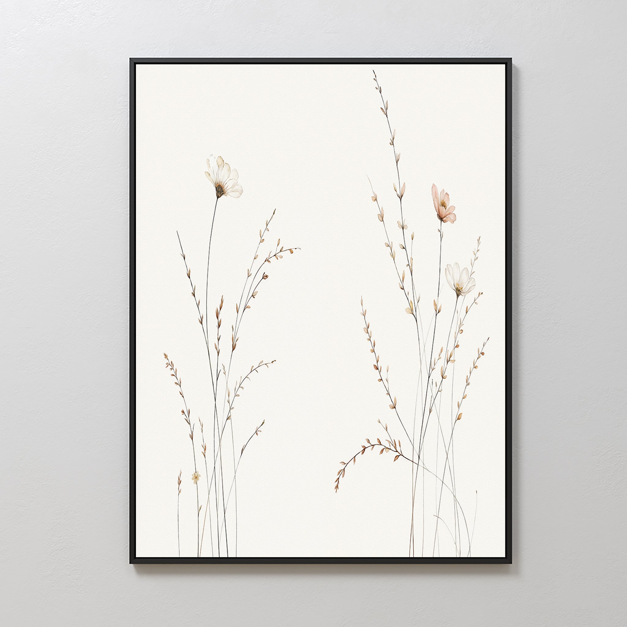 Whispering Meadow Hush – beige and white botanical canvas wall art print by Aspire Prints