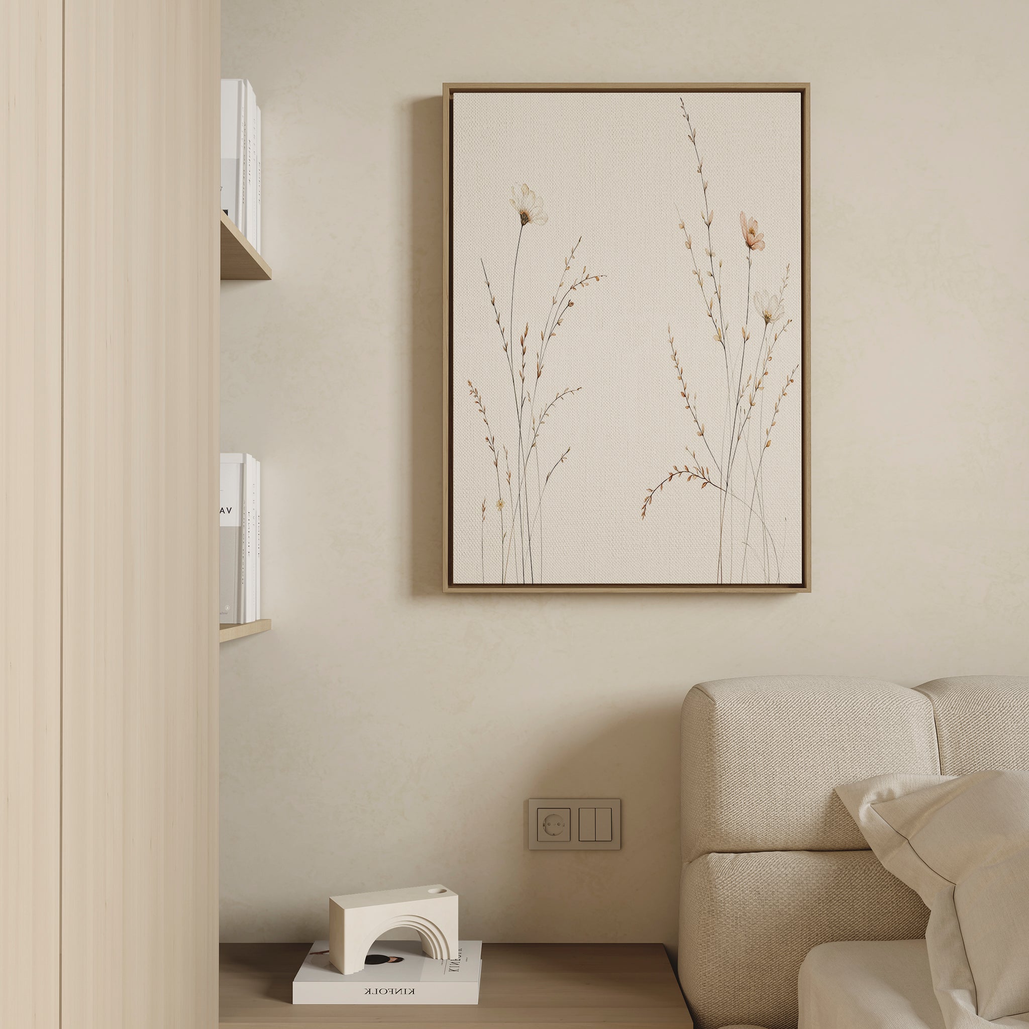 Whispering Meadow Hush – beige and white botanical canvas wall art print by Aspire Prints