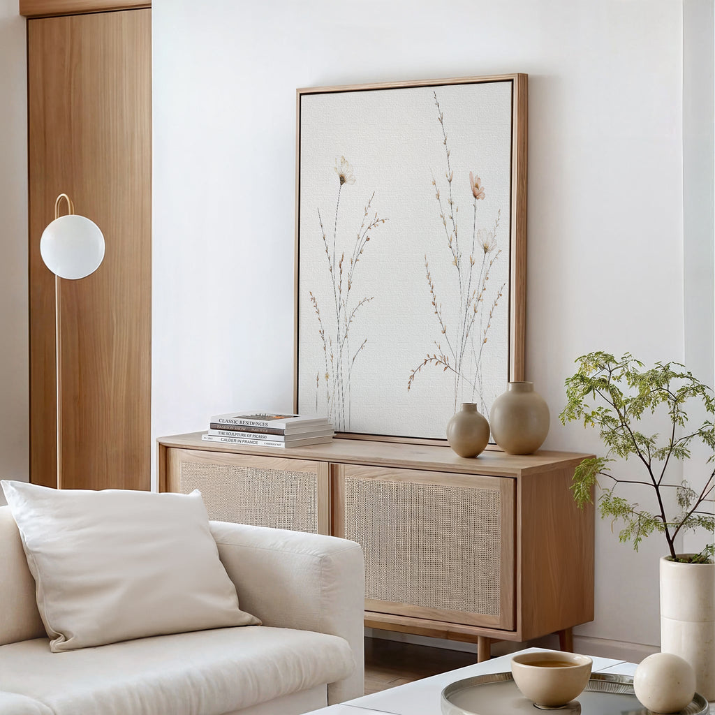 Whispering Meadow Hush – beige and white botanical canvas wall art print by Aspire Prints