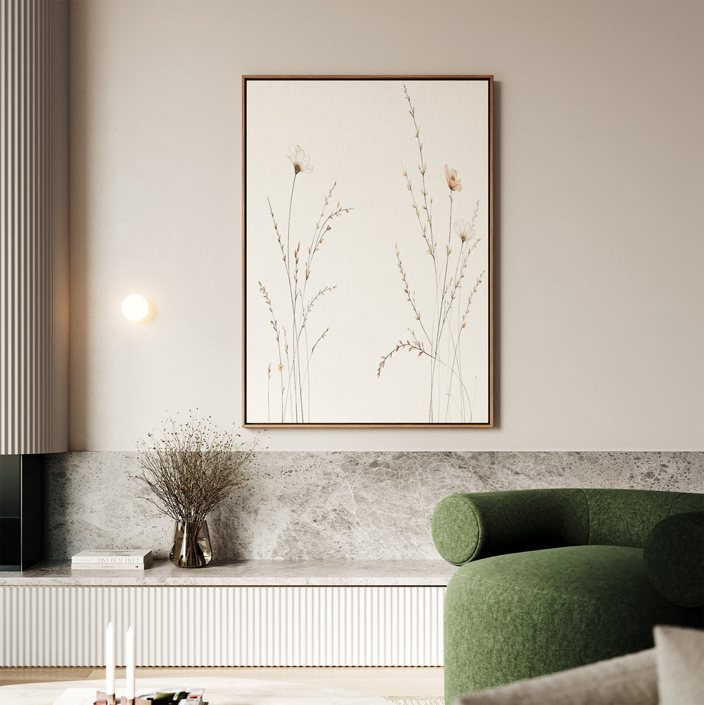 Whispering Meadow Hush – beige and white botanical canvas wall art print by Aspire Prints
