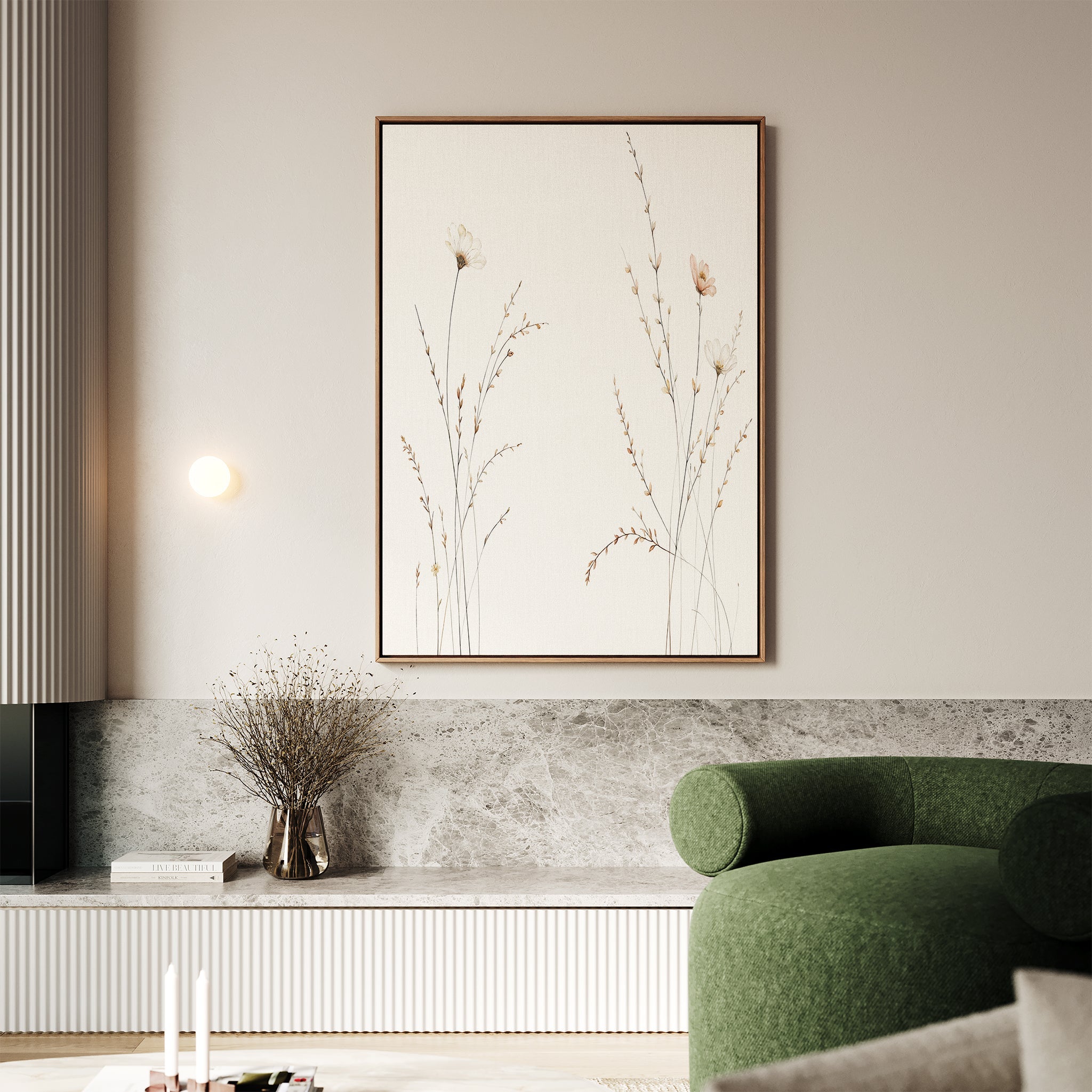 Whispering Meadow Hush – beige and white botanical canvas wall art print by Aspire Prints