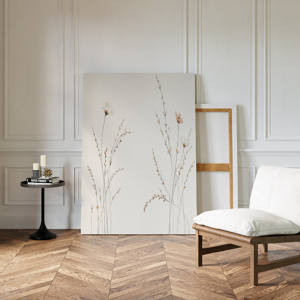 Whispering Meadow Hush – beige and white botanical canvas wall art print by Aspire Prints