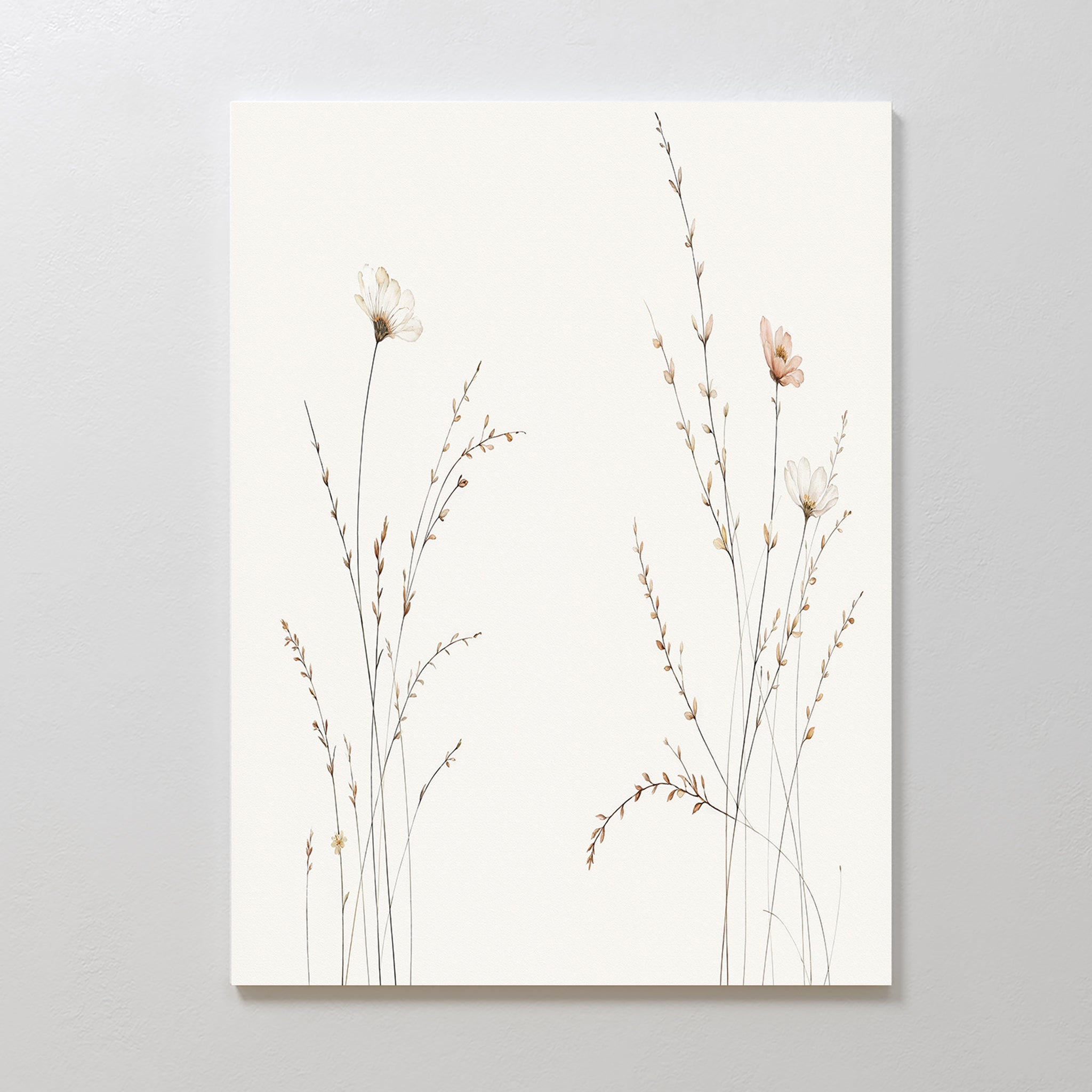 Whispering Meadow Hush – beige and white botanical canvas wall art print by Aspire Prints