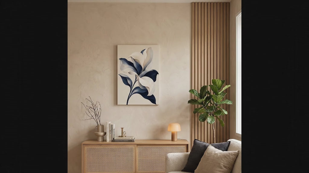 Ivory and Navy Lily Canvas Art - Vertical