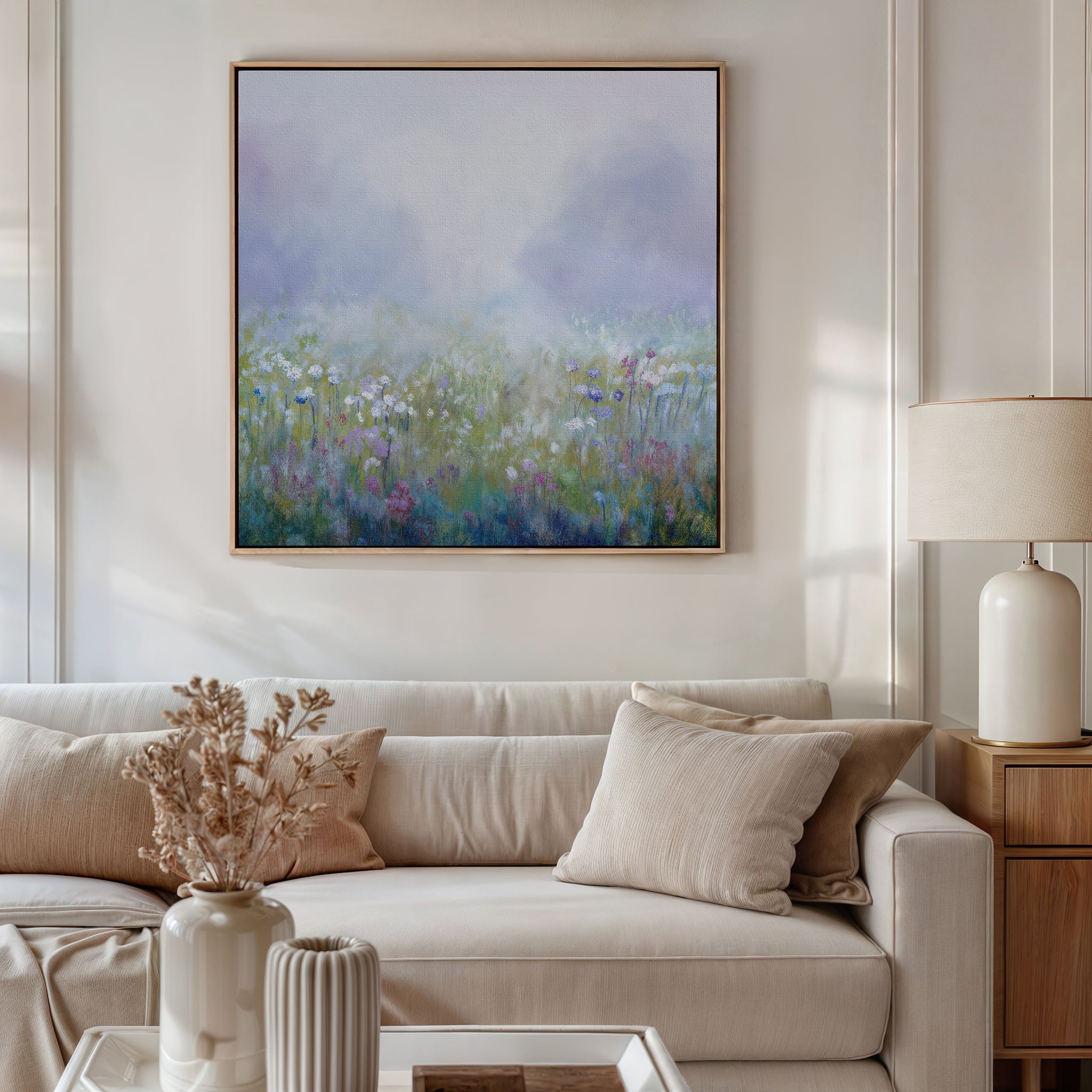 Whispering Meadow at First Light – green botanical canvas wall art print by Aspire Prints
