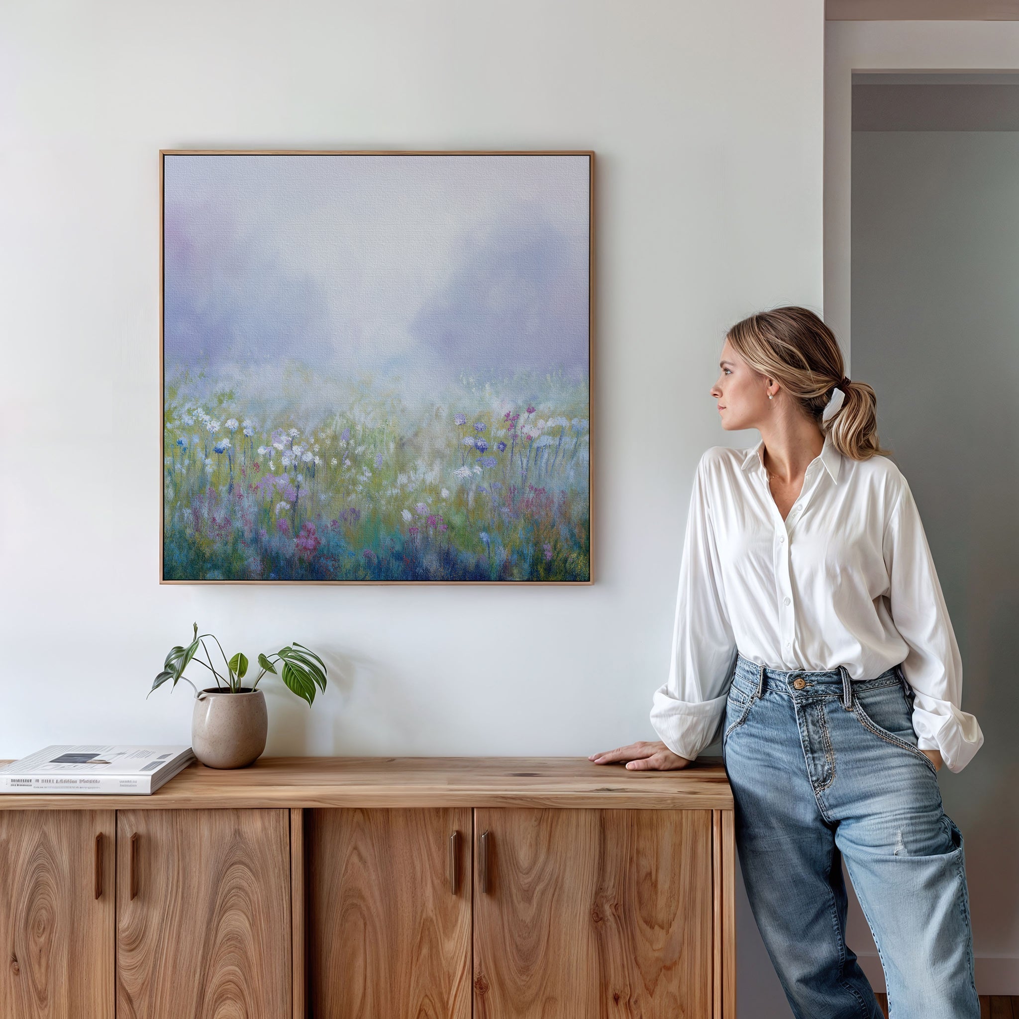 Whispering Meadow at First Light – green botanical canvas wall art print by Aspire Prints