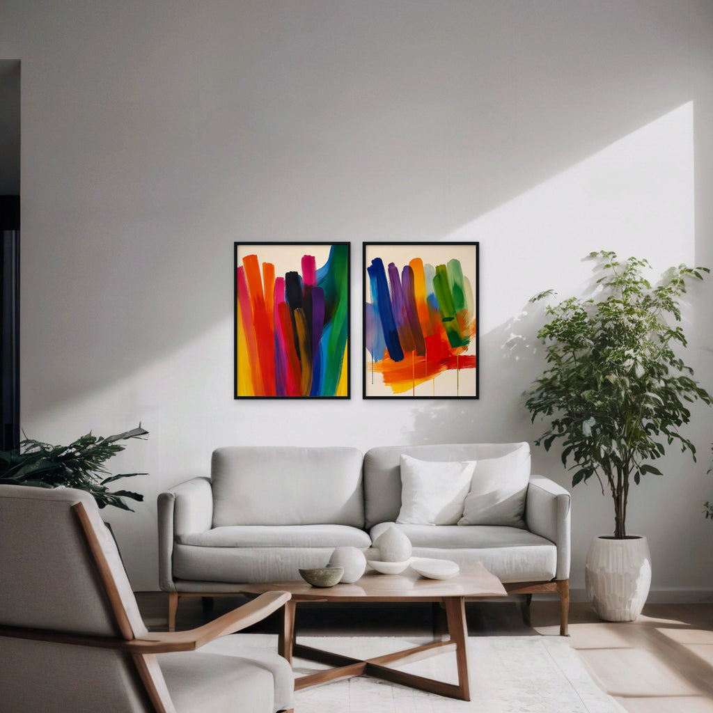 Rainbow Brushstrokes Canvas Art – set of 2 vertical multicolor brushstroke abstract prints in a black floating frame in a modern living room