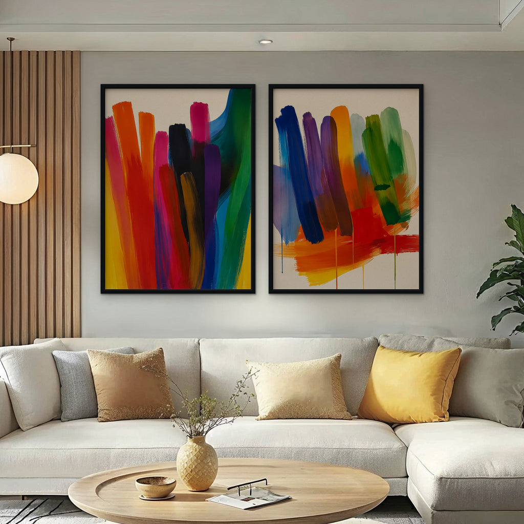 Rainbow Brushstrokes Canvas Art – set of 2 vertical multicolor brushstroke abstract prints in a black floating frame in a bright living room