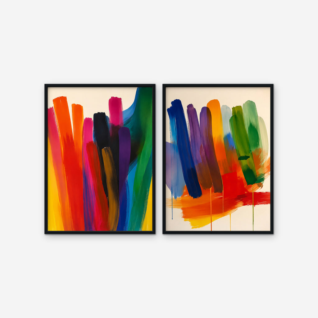 Rainbow Brushstrokes Canvas Art – set of 2 vertical multicolor brushstroke abstract prints in a black floating frame on a white background