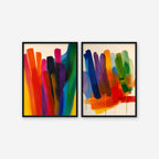 Rainbow Brushstrokes Canvas Art – set of 2 vertical multicolor brushstroke abstract prints in a black floating frame on a white background