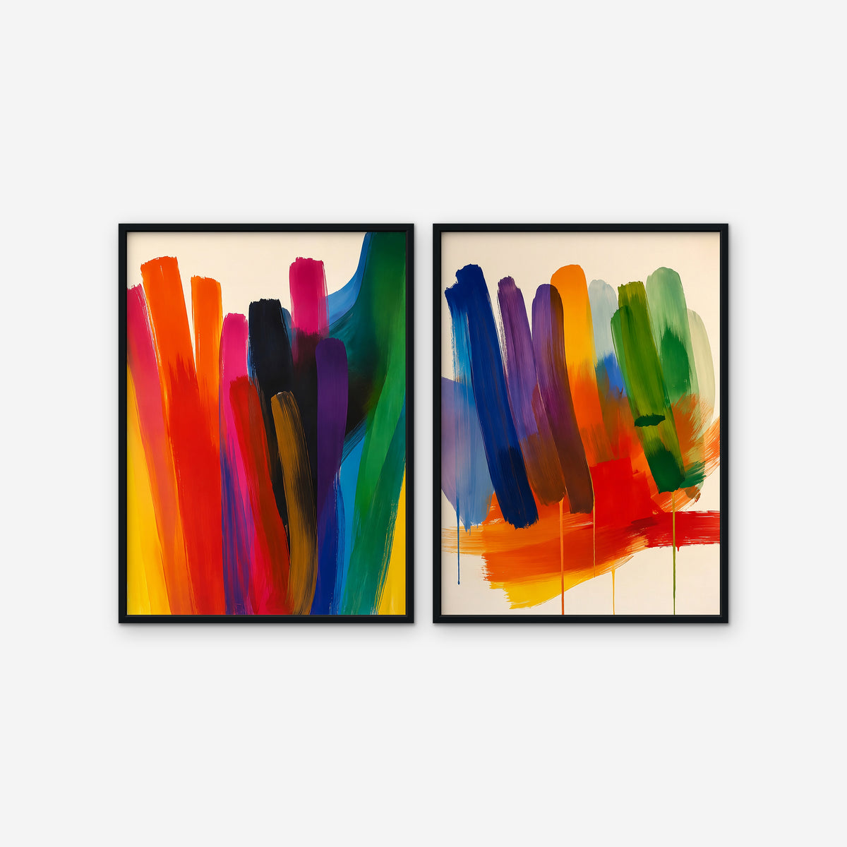 Rainbow Brushstrokes Canvas Art – set of 2 vertical multicolor brushstroke abstract prints in a black floating frame on a white background