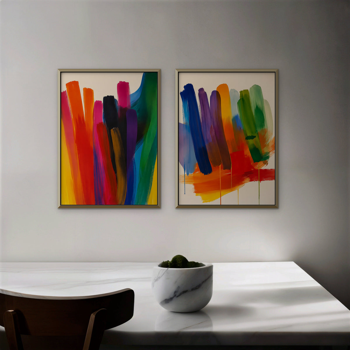 Rainbow Brushstrokes Canvas Art – set of 2 vertical multicolor brushstroke abstract prints in a gold floating frame in a dining room