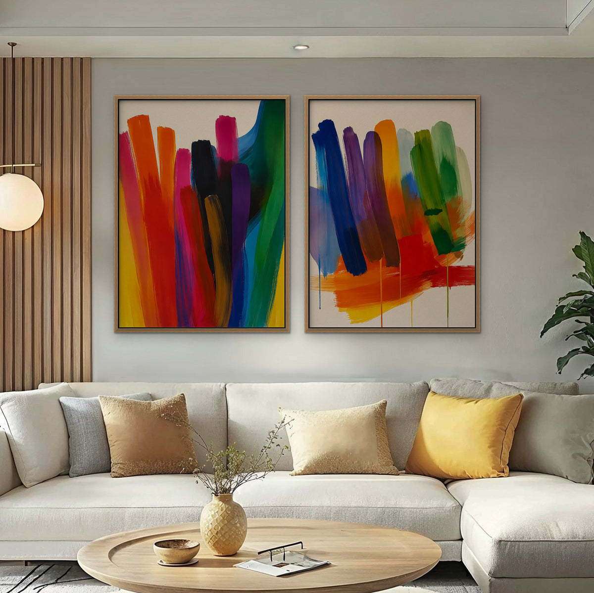 Rainbow Brushstrokes Canvas Art – set of 2 vertical multicolor brushstroke abstract prints in an oak floating frame in a bright living room