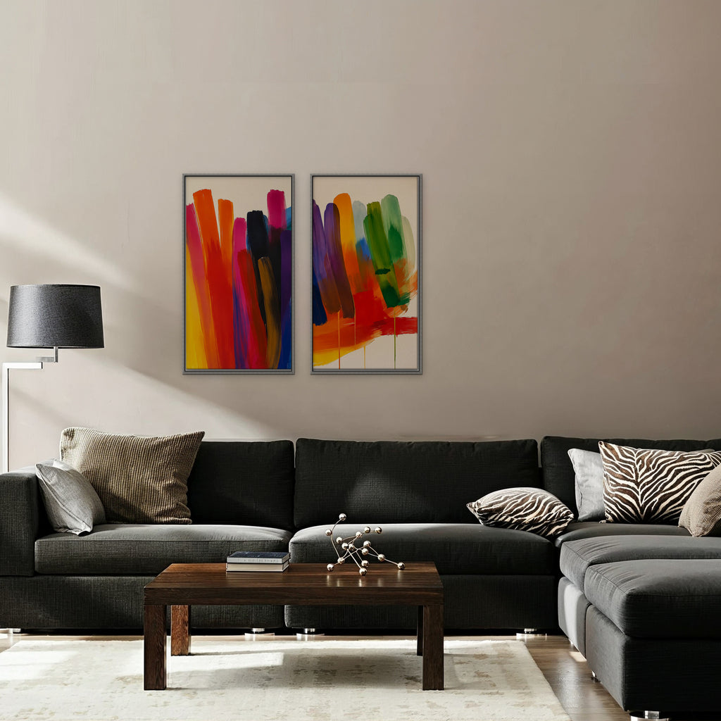 Rainbow Brushstrokes Canvas Art - Set of 2 – Silver Floating Frame in room setting