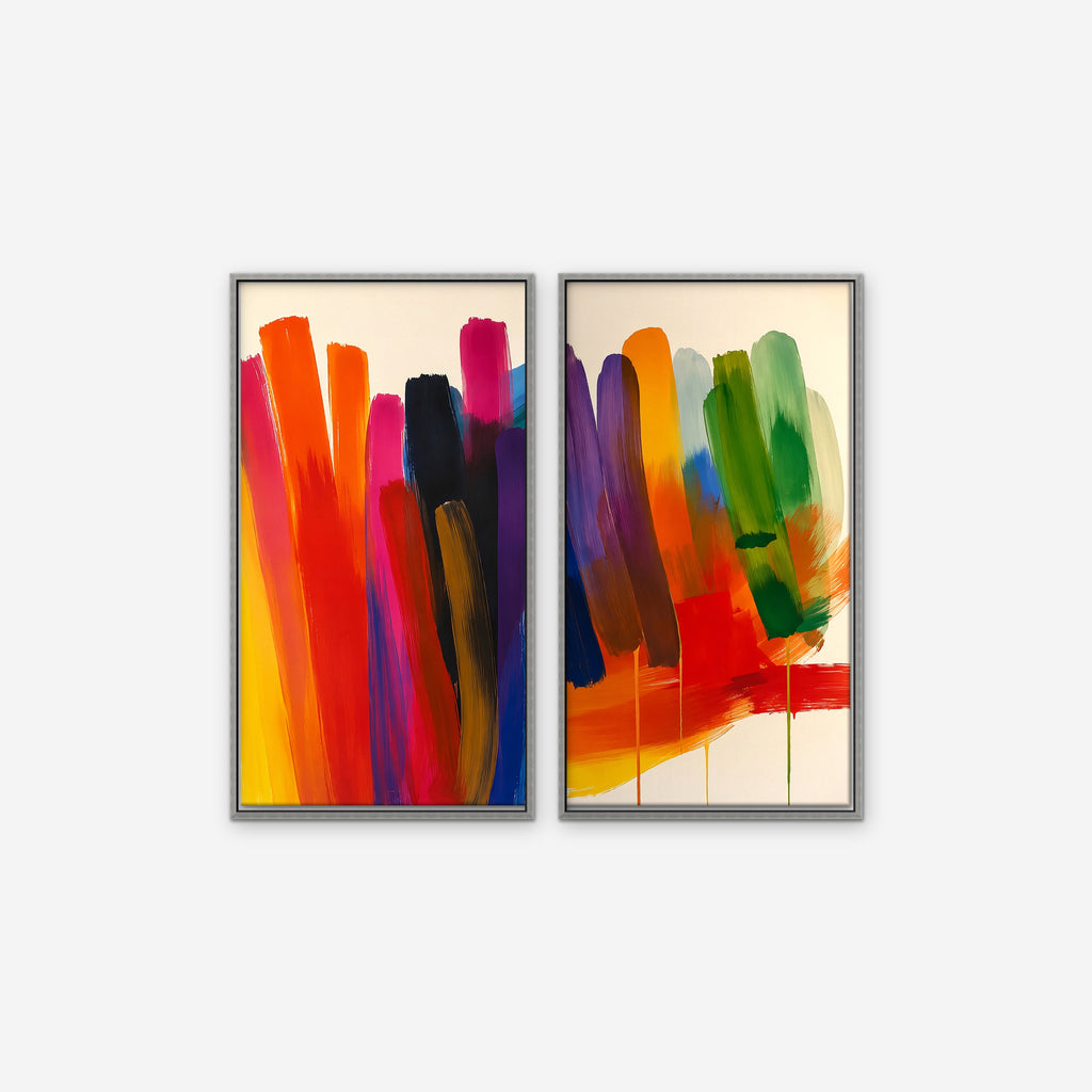 Rainbow Brushstrokes Canvas Art - Set of 2 – Silver Floating Frame on white background