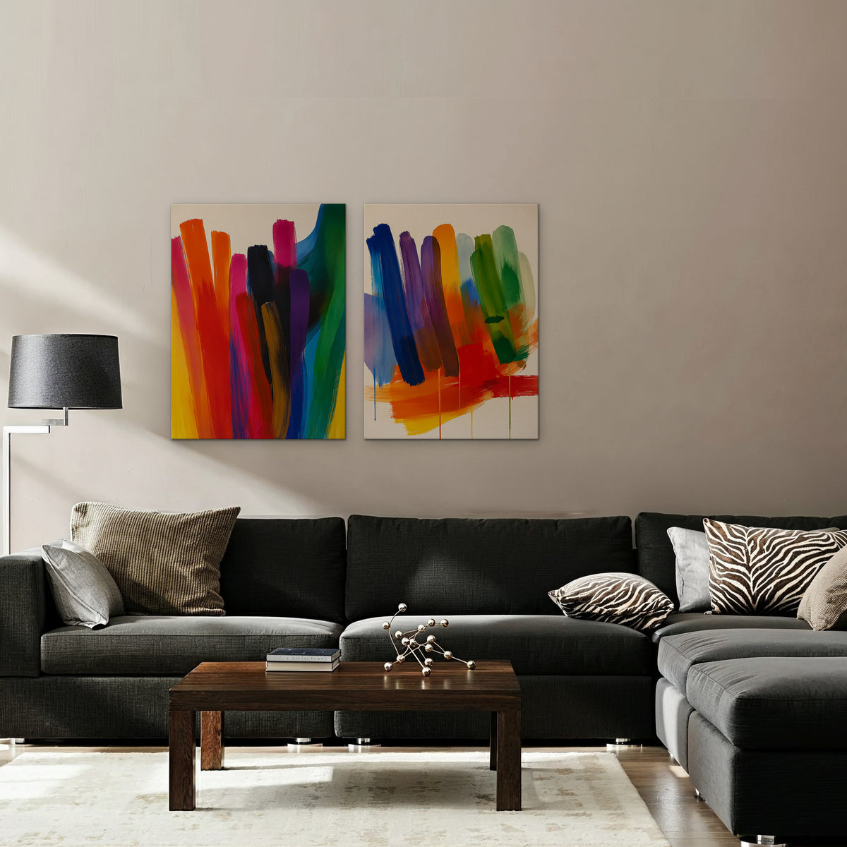 Rainbow Brushstrokes Canvas Art – set of 2 vertical multicolor brushstroke abstract prints as a gallery-wrapped canvas in a taupe living room