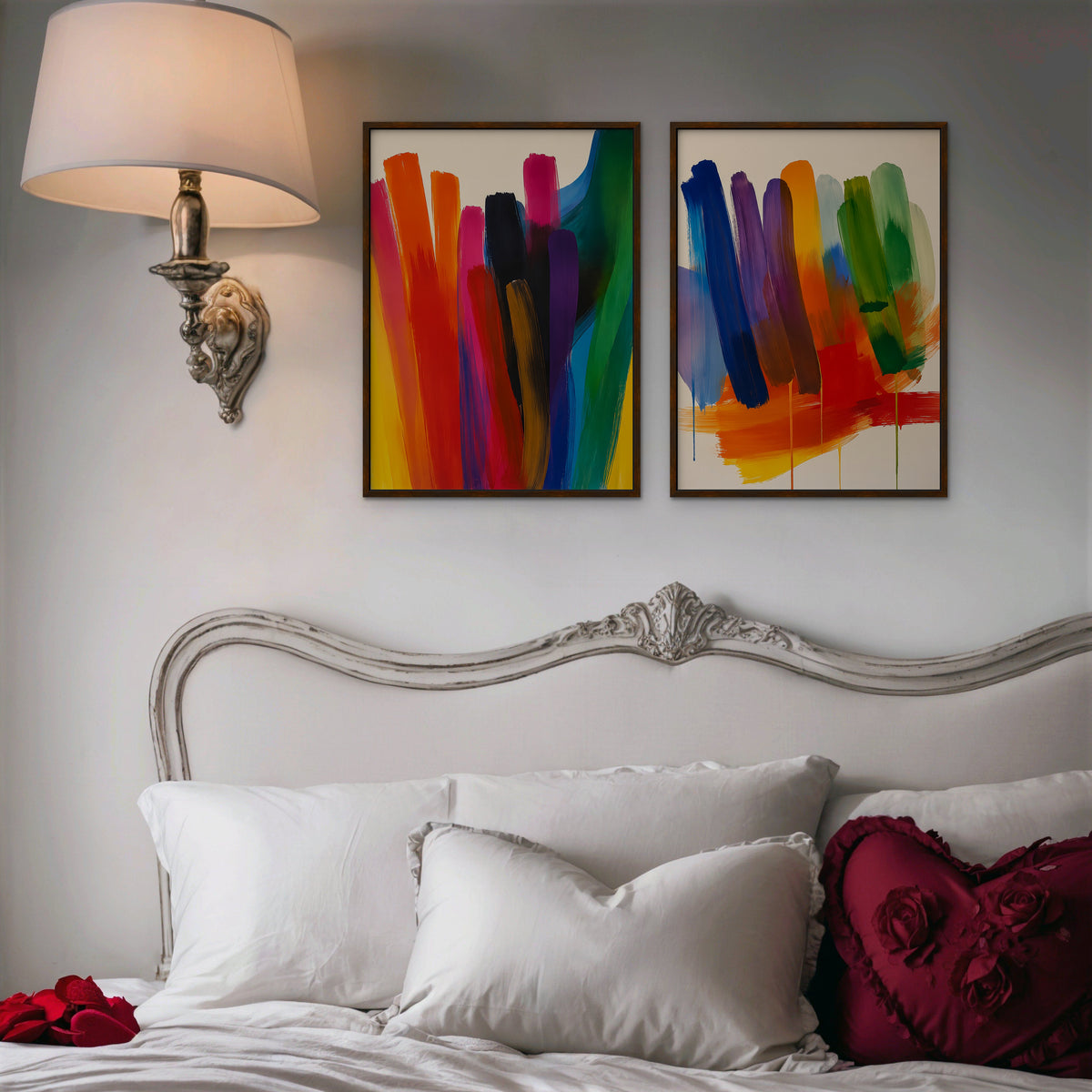 Rainbow Brushstrokes Canvas Art – set of 2 vertical multicolor brushstroke abstract prints in a walnut floating frame in a bedroom
