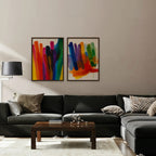 Rainbow Brushstrokes Canvas Art – set of 2 vertical multicolor brushstroke abstract prints in a walnut floating frame in a taupe living room