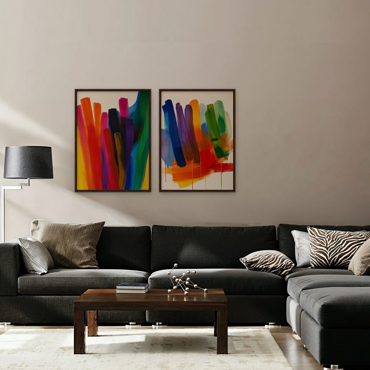 Rainbow Brushstrokes Canvas Art – set of 2 vertical multicolor brushstroke abstract prints in a walnut floating frame in a taupe living room