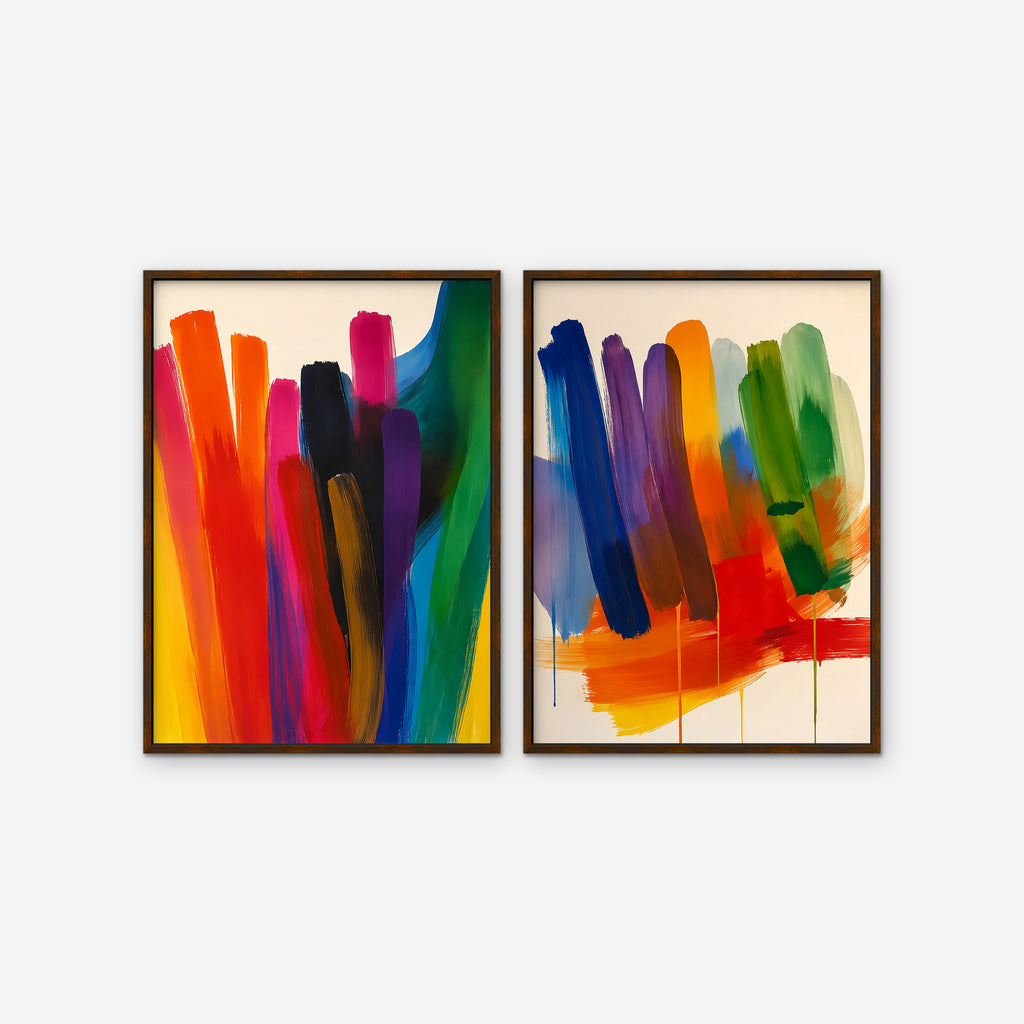 Rainbow Brushstrokes Canvas Art – set of 2 vertical multicolor brushstroke abstract prints in a walnut floating frame on a white background