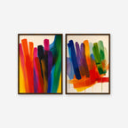 Rainbow Brushstrokes Canvas Art – set of 2 vertical multicolor brushstroke abstract prints in a walnut floating frame on a white background