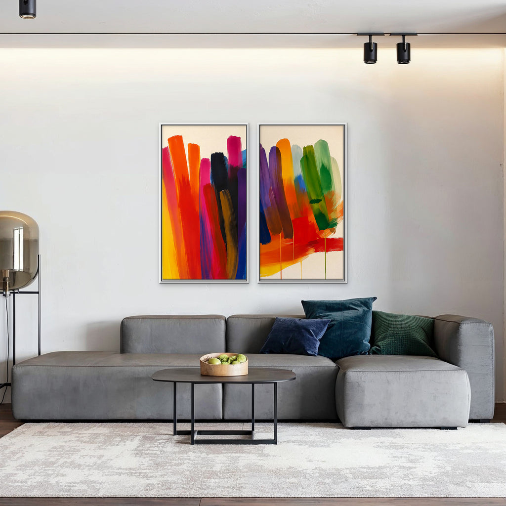 Rainbow Brushstrokes Canvas Art - Set of 2 – White Floating Frame in room setting