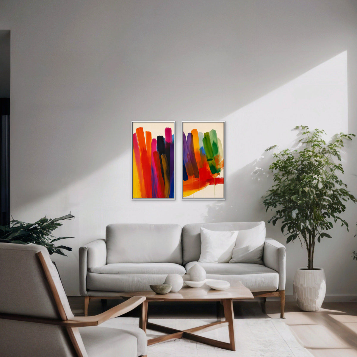 Rainbow Brushstrokes Canvas Art - Set of 2 – White Floating Frame in room setting