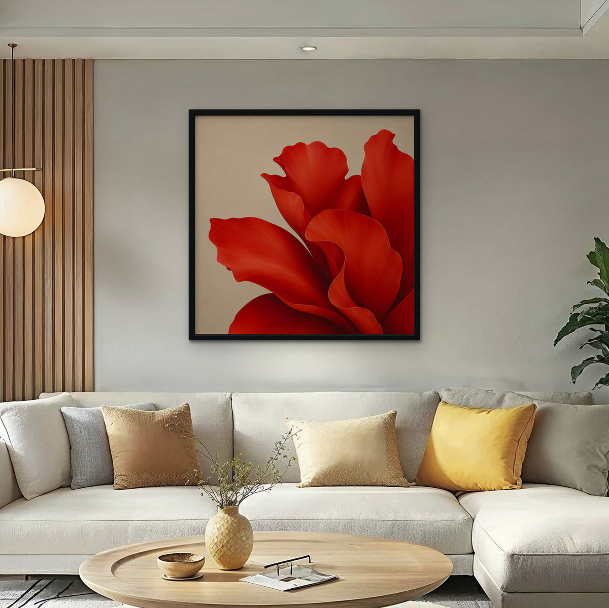 Red Silk Bloom Canvas Art - Square – Black Floating Frame in room setting