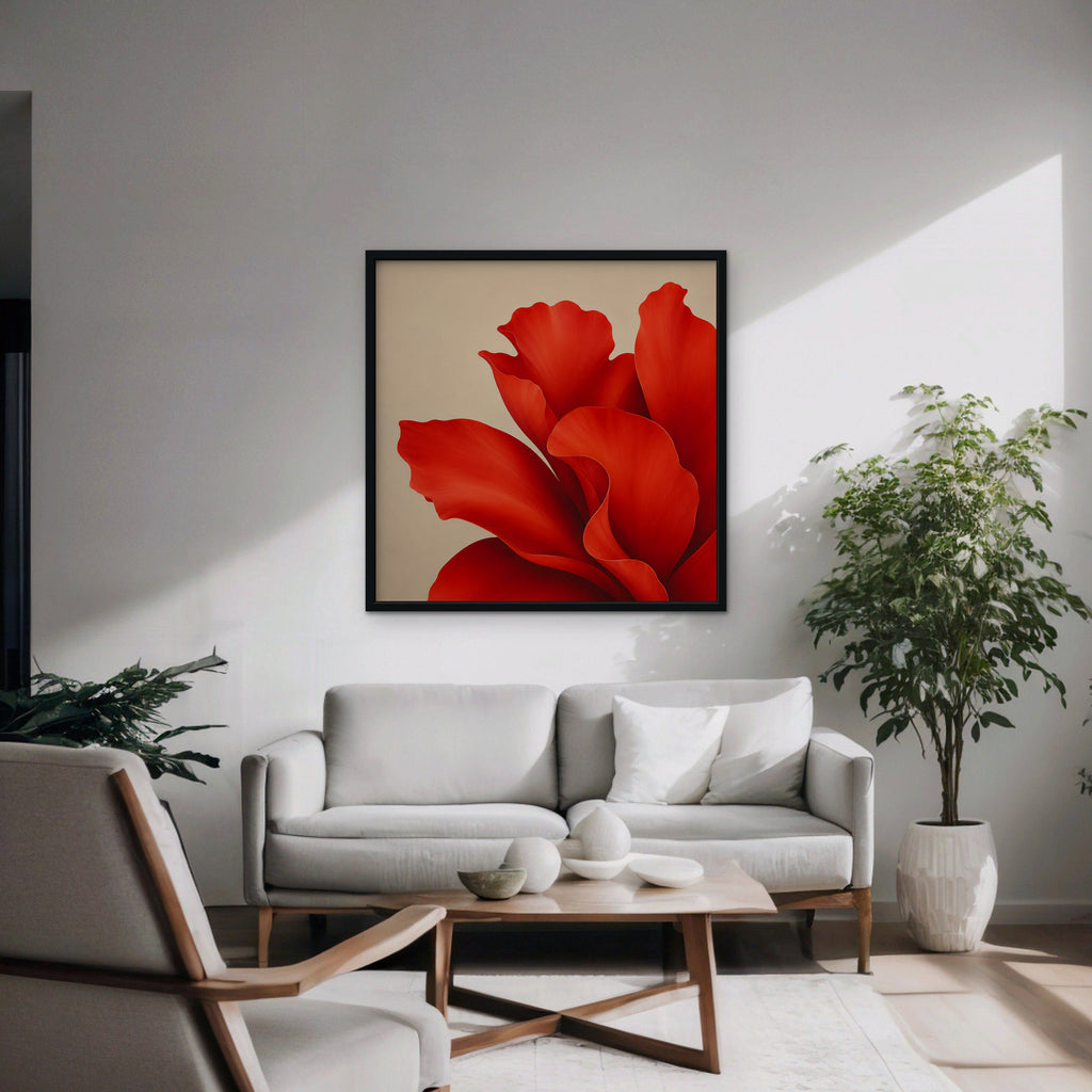 Red Silk Bloom Canvas Art - Square – Black Floating Frame in room setting