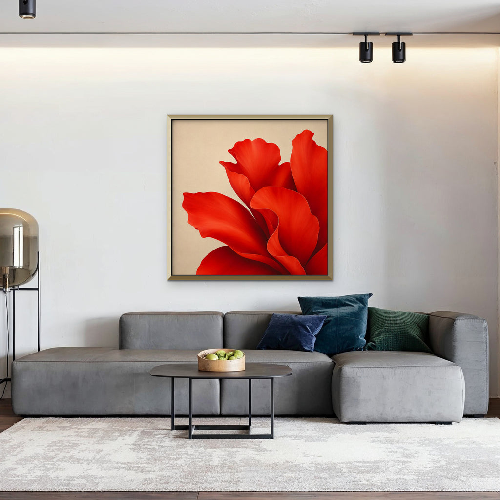 Red Silk Bloom Canvas Art - Square – Gold Floating Frame in room setting