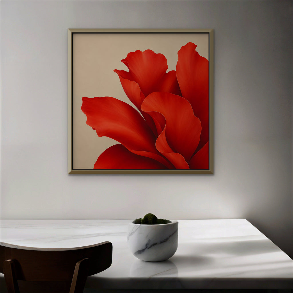 Red Silk Bloom Canvas Art - Square – Gold Floating Frame in room setting