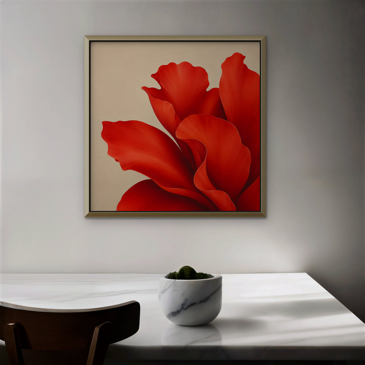 Red Silk Bloom Canvas Art - Square – Gold Floating Frame in room setting