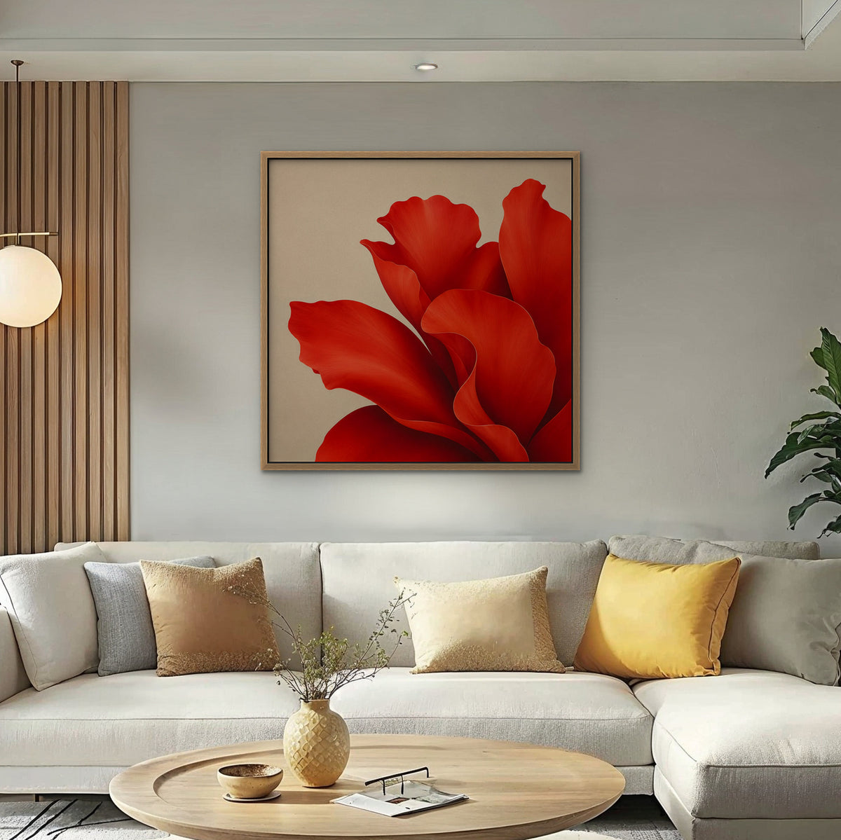 Red Silk Bloom Canvas Art - Square – Oak Floating Frame in room setting