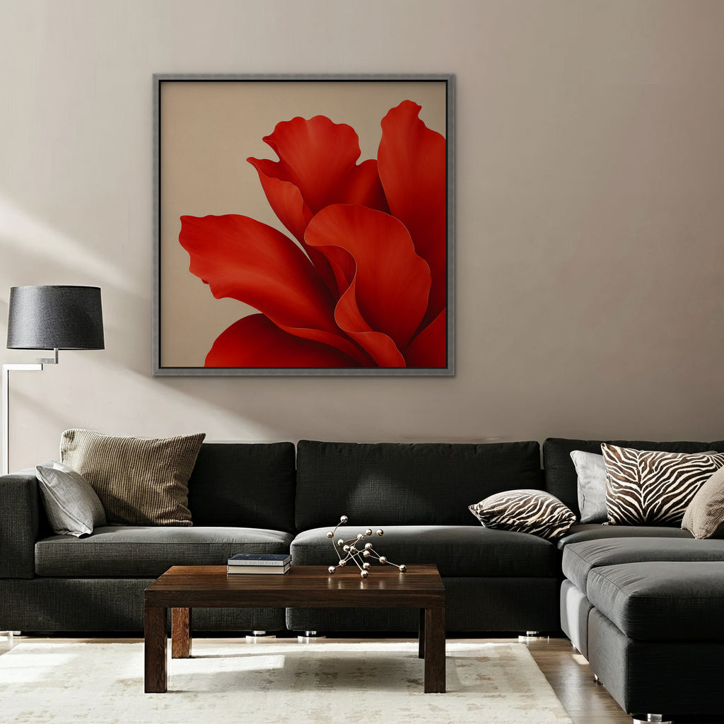 Red Silk Bloom Canvas Art - Square – Silver Floating Frame in room setting