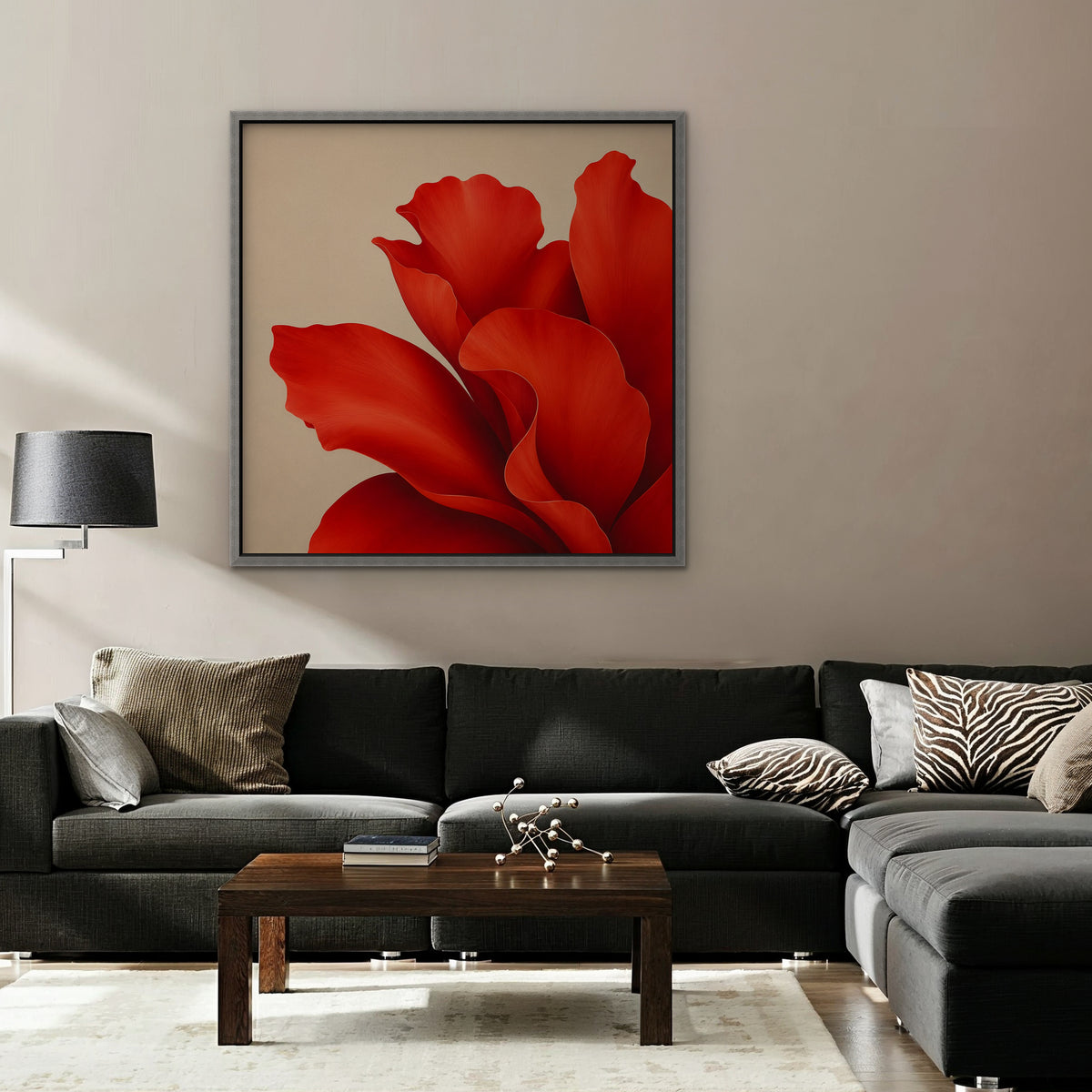 Red Silk Bloom Canvas Art - Square – Silver Floating Frame in room setting